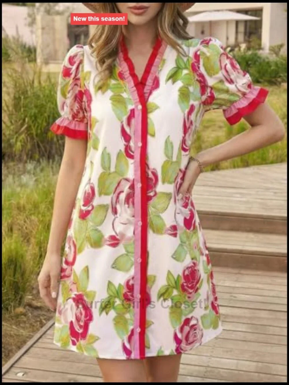 Floral Puff Short Sleeve V Neck Button Down Ruffle Mini Dress with Pockets - Picture 3 of 7